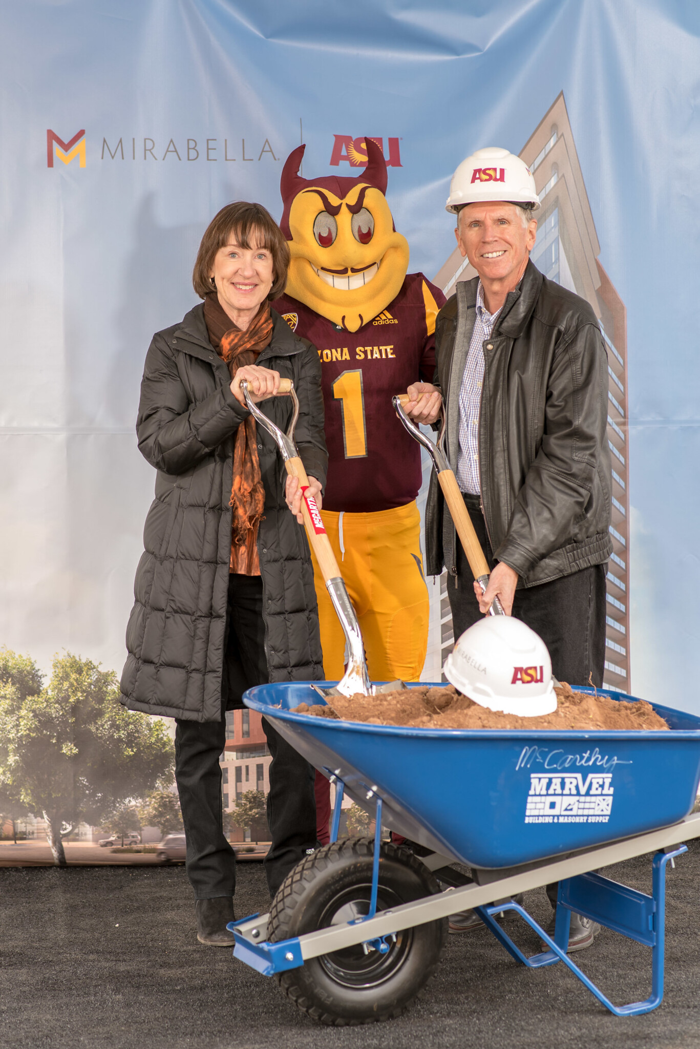 Pat and Tom Gagen with the ASU mascot, Sparky – UNBOUND