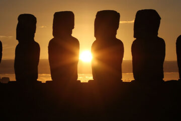 Standing On and Building the Shoulders of Giants - Picture shows Easter Island statues with the sun over the horizon between the middle of them.